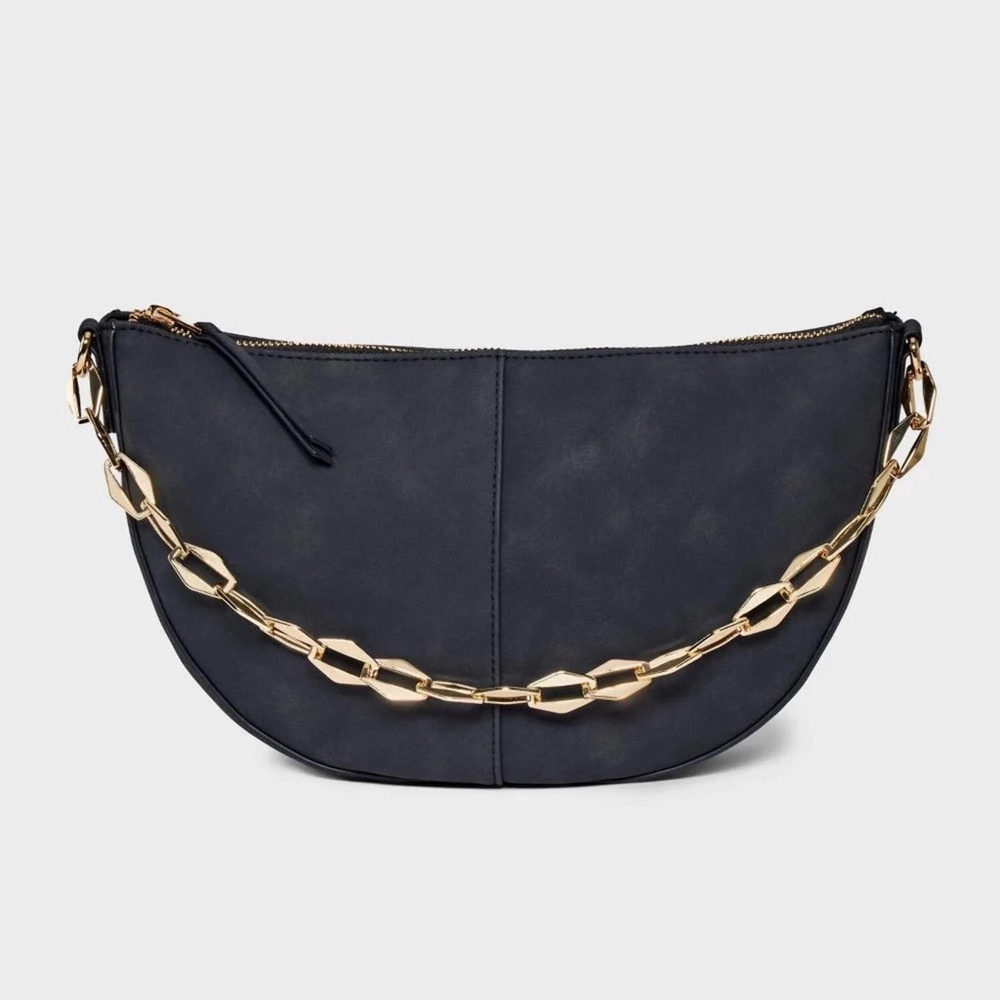Black Slouchy Half Moon Shoulder Bag with Gold Chain Universal Thread NWOT